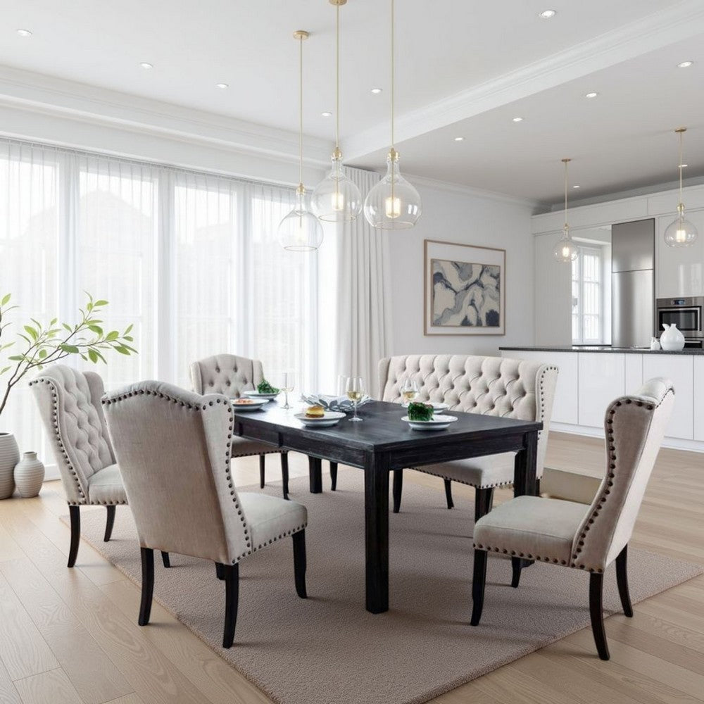 Bega 6pc Dining Table, Bench, Wingback Chair Set, Beige, Black Wood