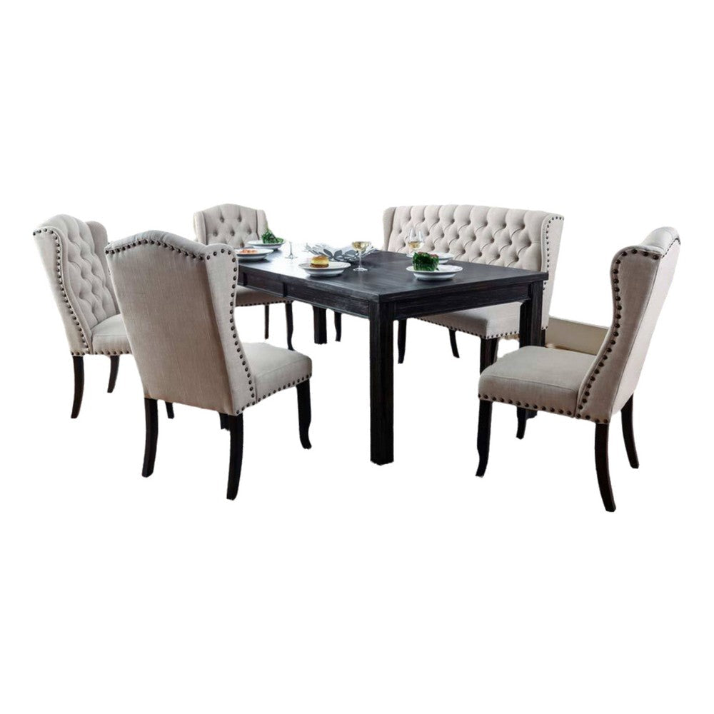 Bega 6pc Dining Table, Bench, Wingback Chair Set, Beige, Black Wood