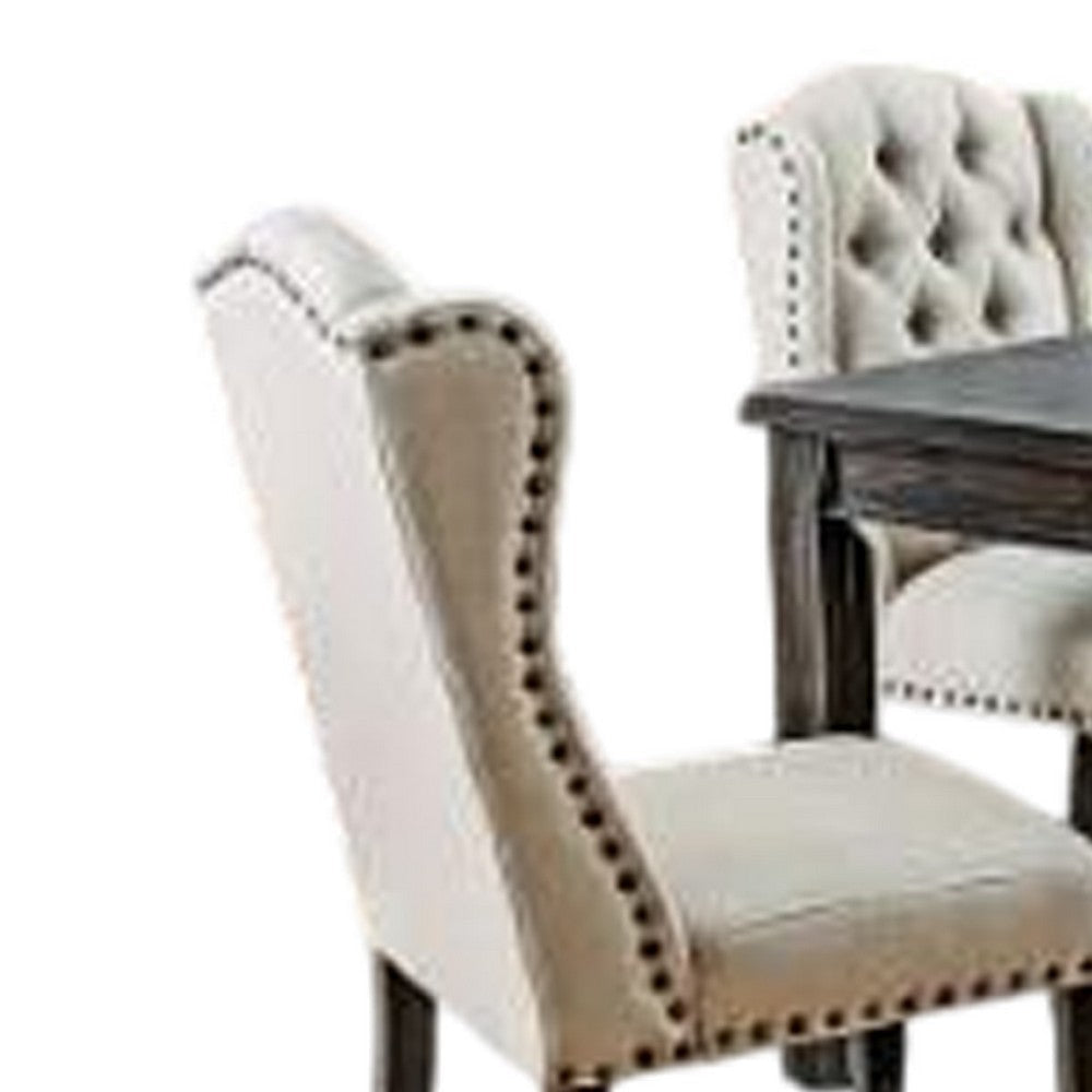 Bega 7pc Dining Table and Wingback Chair Set Beige Linen Black Wood BM332463