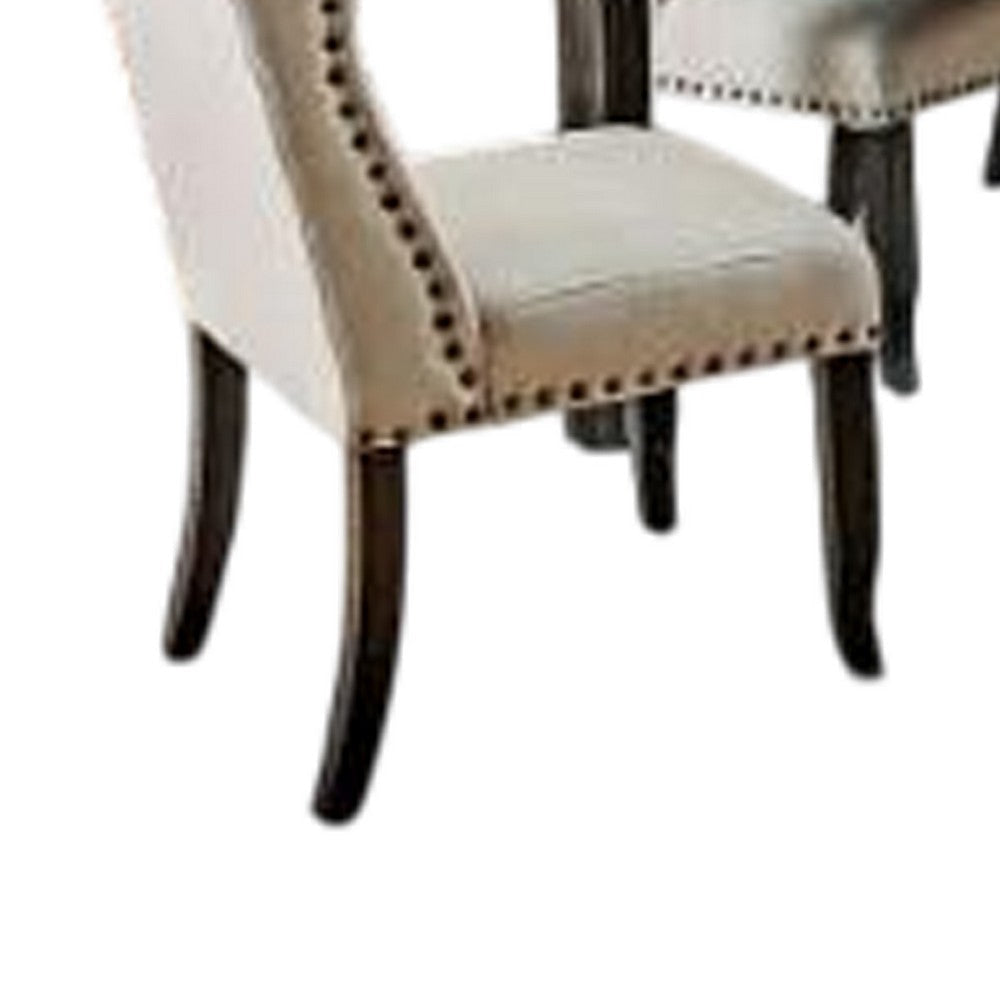 Bega 7pc Dining Table and Wingback Chair Set Beige Linen Black Wood BM332463