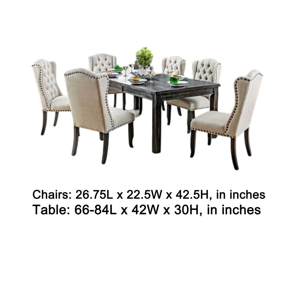 Bega 7pc Dining Table and Wingback Chair Set Beige Linen Black Wood BM332463