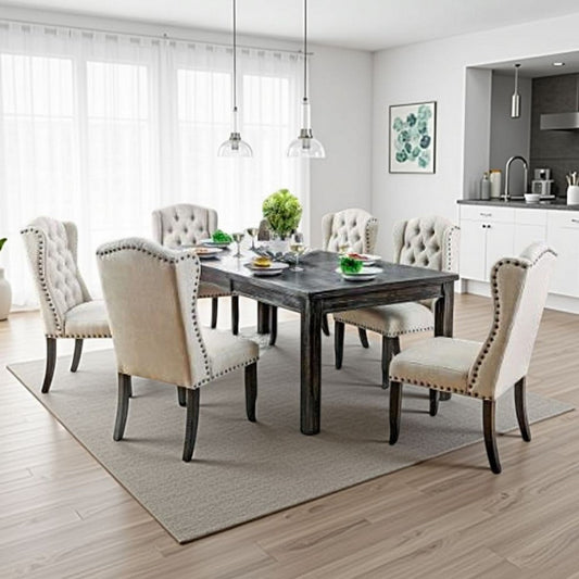 Bega 7pc Dining Table and Wingback Chair Set, Beige Linen, Black Wood
