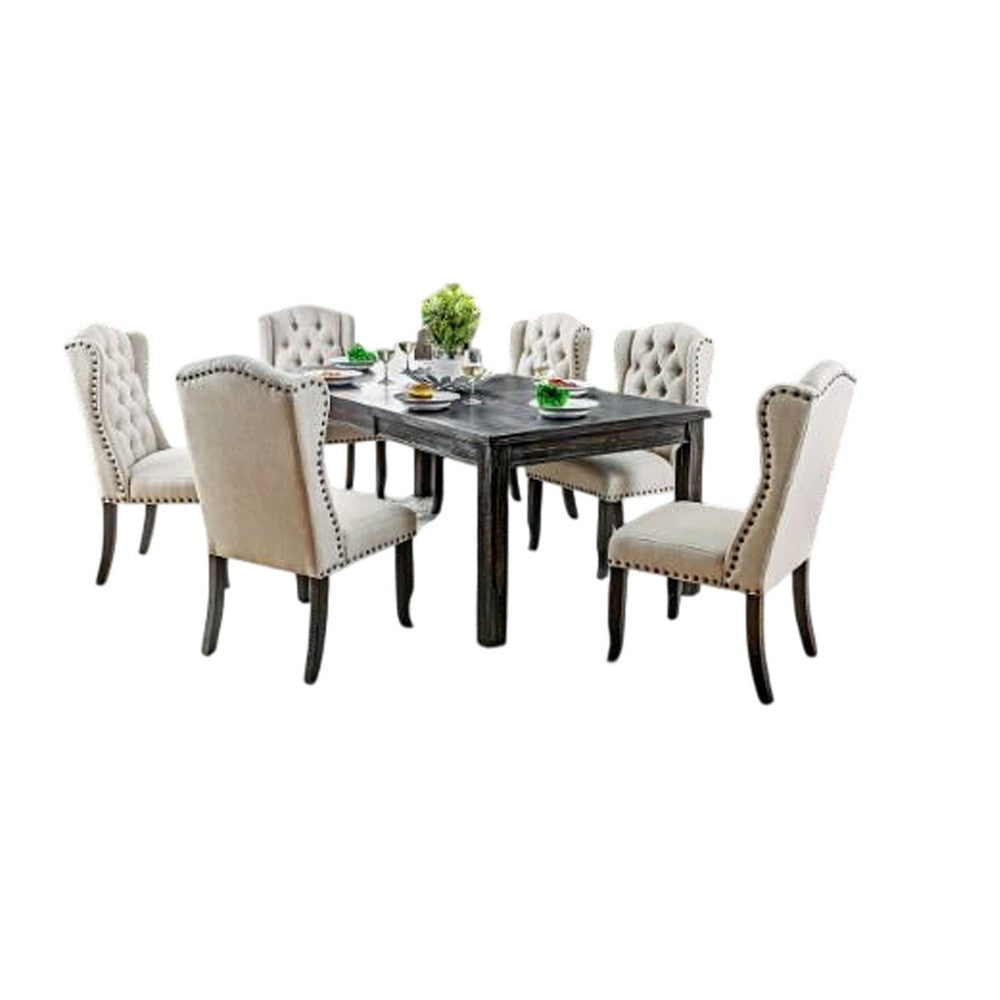 Bega 7pc Dining Table and Wingback Chair Set, Beige Linen, Black Wood