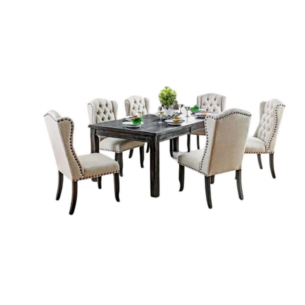 Bega 9pc Dining Table and Wingback Chair Set Beige Linen Black Wood BM332464