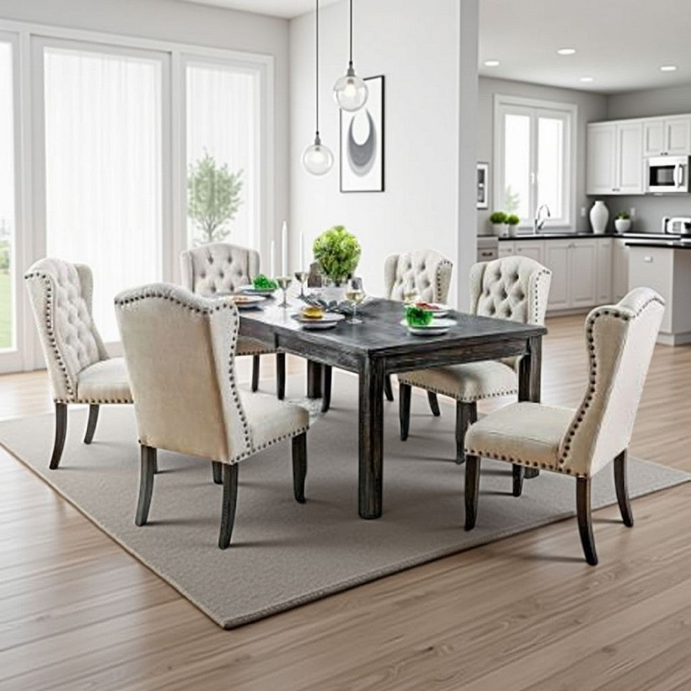 Bega 9pc Dining Table and Wingback Chair Set, Beige Linen, Black Wood