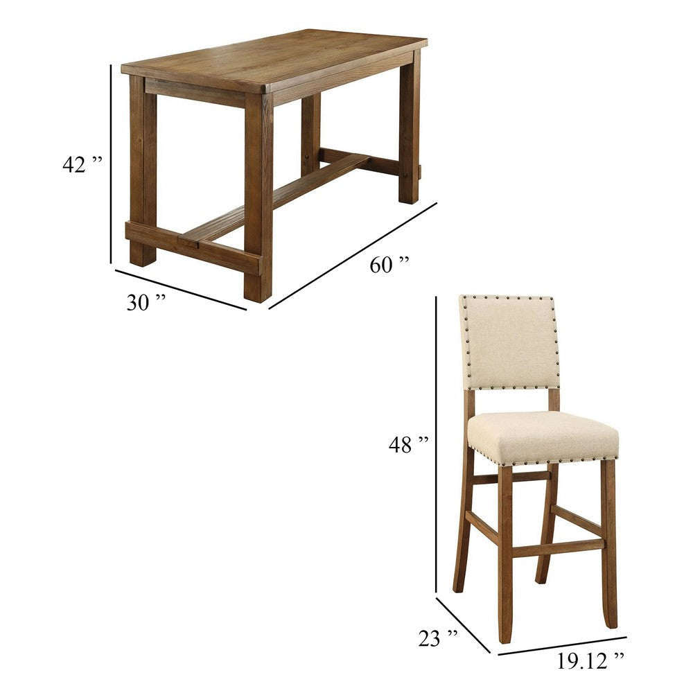 Bega 5pc Bar Height Table and Chair Set Ivory Linen Rustic Oak Wood BM332465