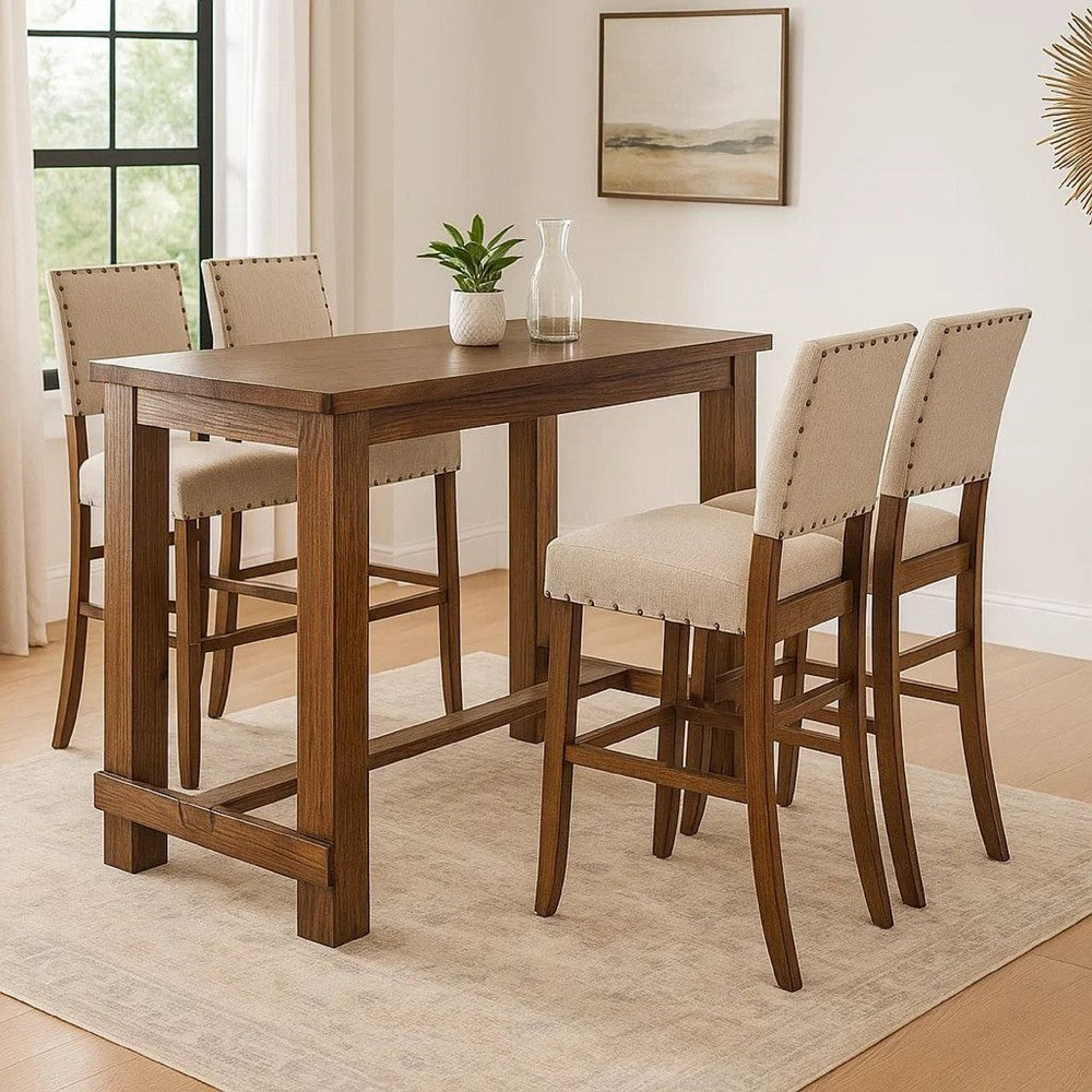 Bega 5pc Bar Height Table and Chair Set, Ivory Linen, Rustic Oak Wood