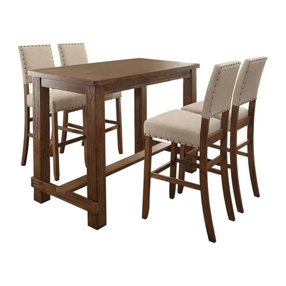 Bega 5pc Bar Height Table and Chair Set, Ivory Linen, Rustic Oak Wood