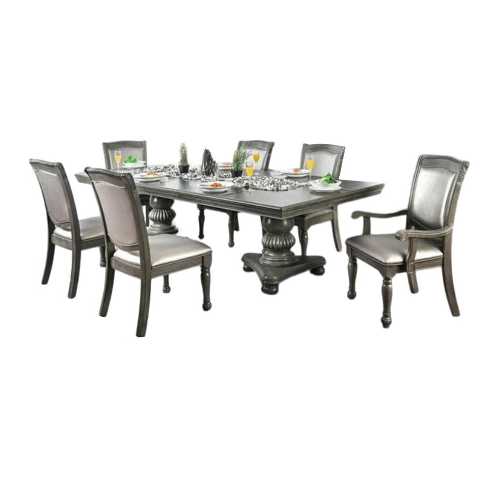 Ena 7pc Dining Table Set, Gray Faux Leather, Extendable 79-103 Inch