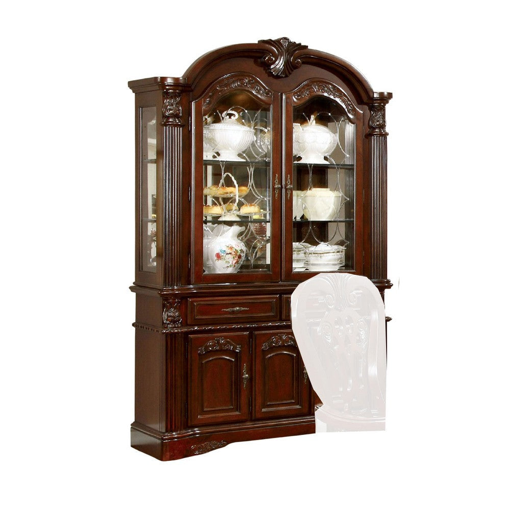 Mina China Buffet Cabinet with Hutch, Glass Doors, Cherry Brown Wood