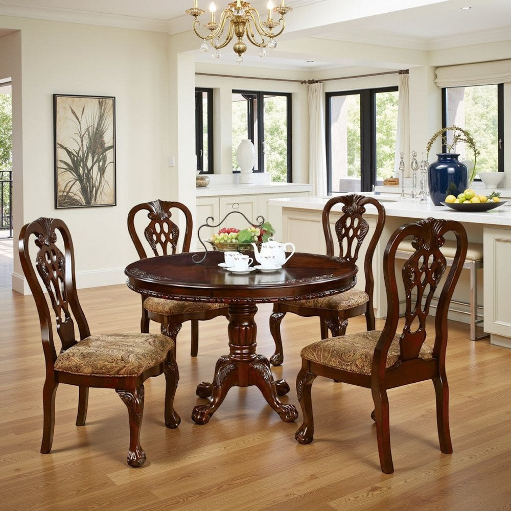 Mina 5pc Dining Table n Chair Set, 48 Inch Round Cherry Brown Wood Top