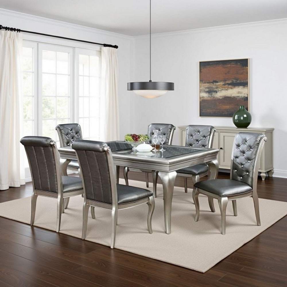 Nery 7pc Dining Table n Chair Set, 66 Inch Glass, Gray Faux Leather