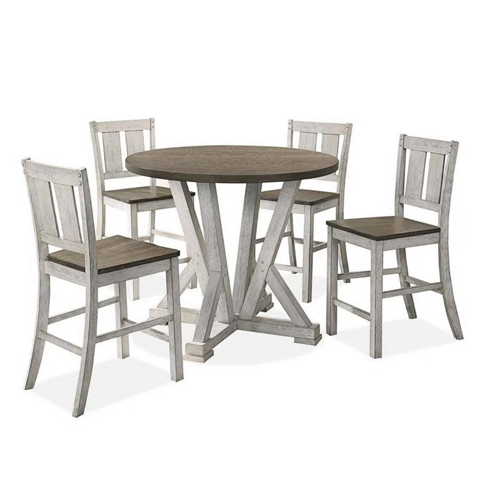 Koe 5pc Counter Height Round Table, Chair Set, White Brown Solid Wood