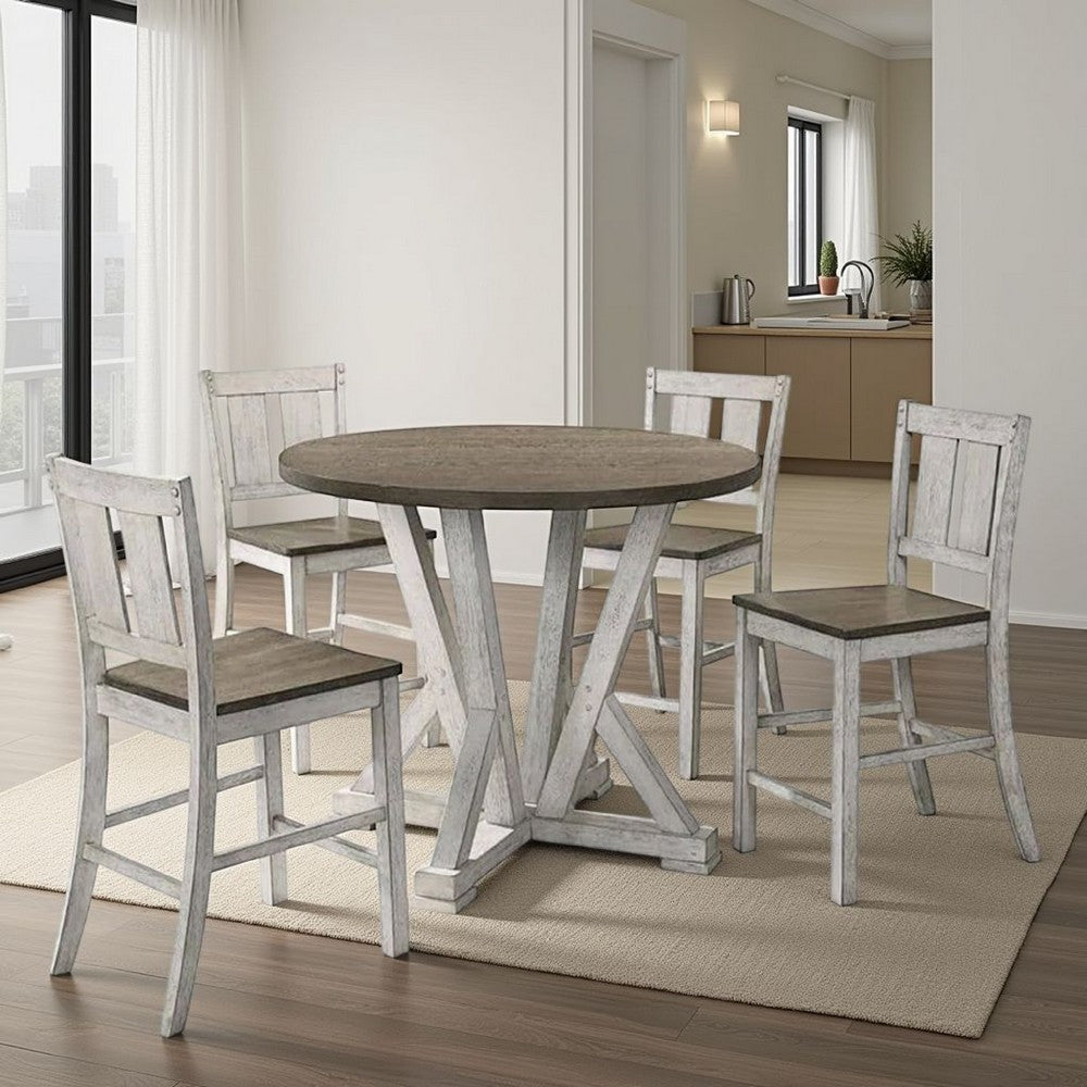 Koe 5pc Counter Height Round Table, Chair Set, White Brown Solid Wood