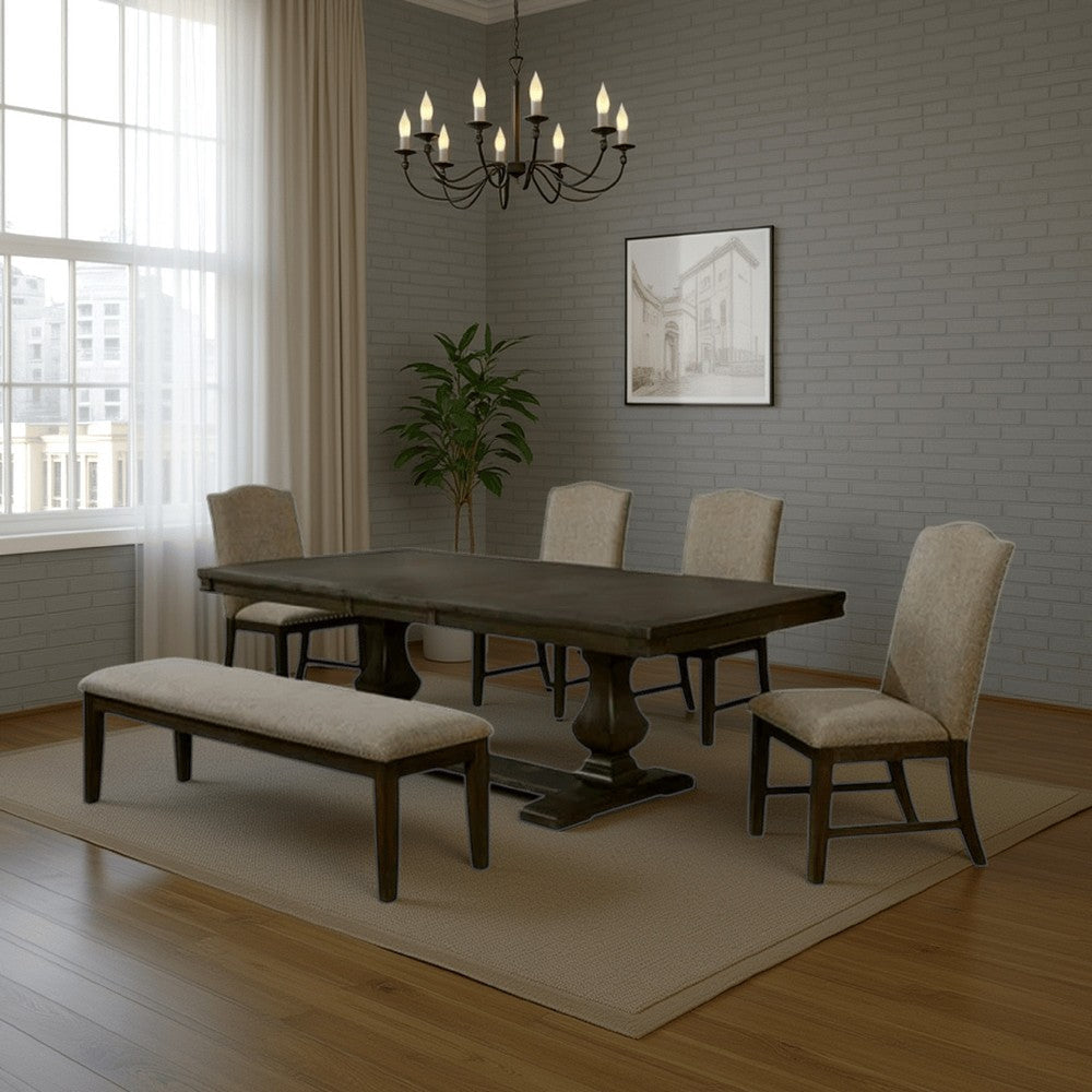 Kely 6pc Dining Table, Chair and Bench Set, Extendable Top, Brown Gray