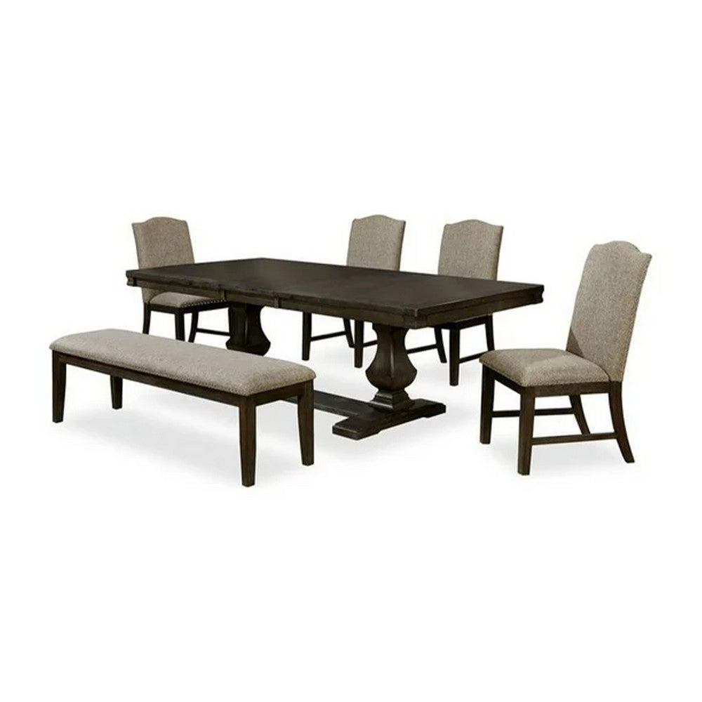 Kely 6pc Dining Table, Chair and Bench Set, Extendable Top, Brown Gray