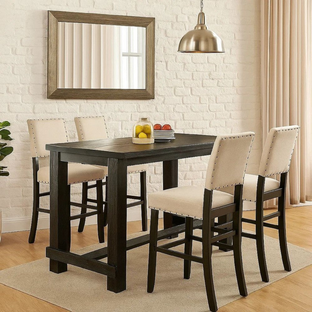 Bega 5pc Bar Height Table and Chair Set, Ivory, Black Solid Wood