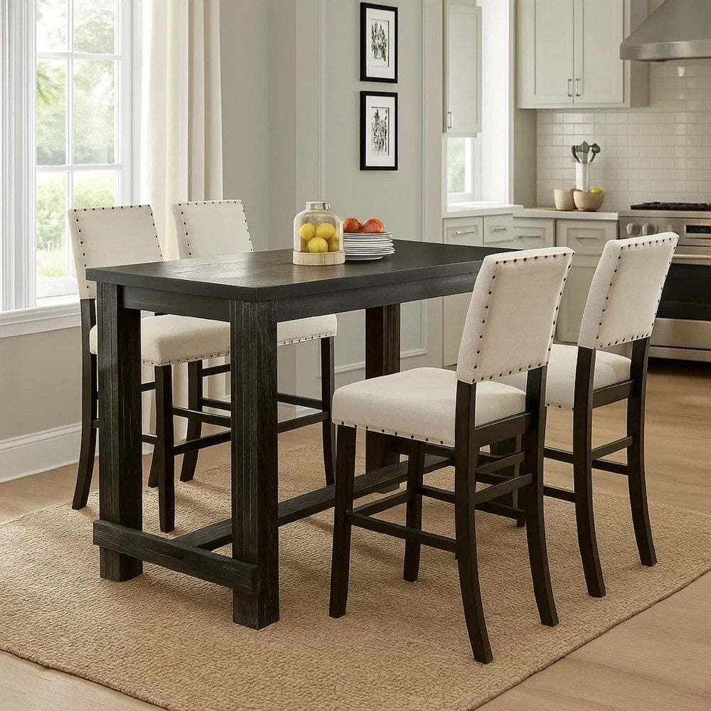 Bega 5pc Bar Height Table and Chair Set, Ivory, Black Solid Wood