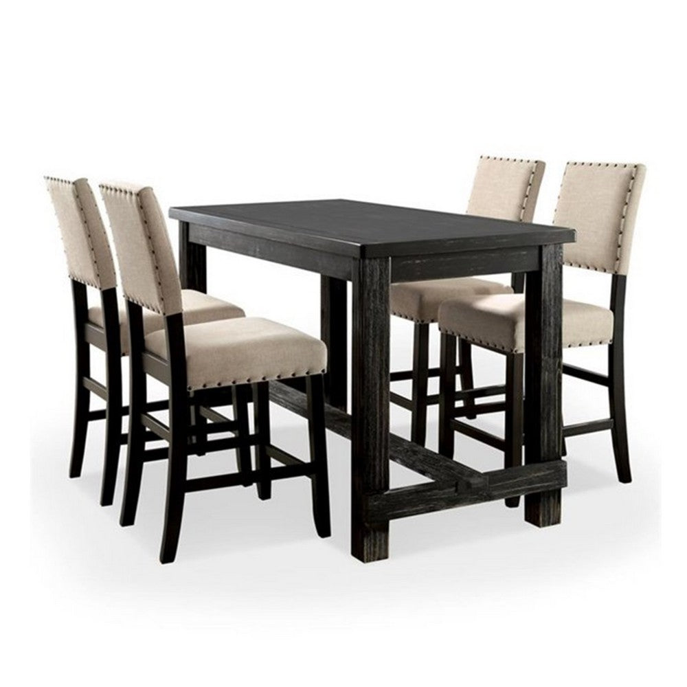 Bega 4pc Counter Height Table, Bench n Chair Set, Ivory Fabric, Black