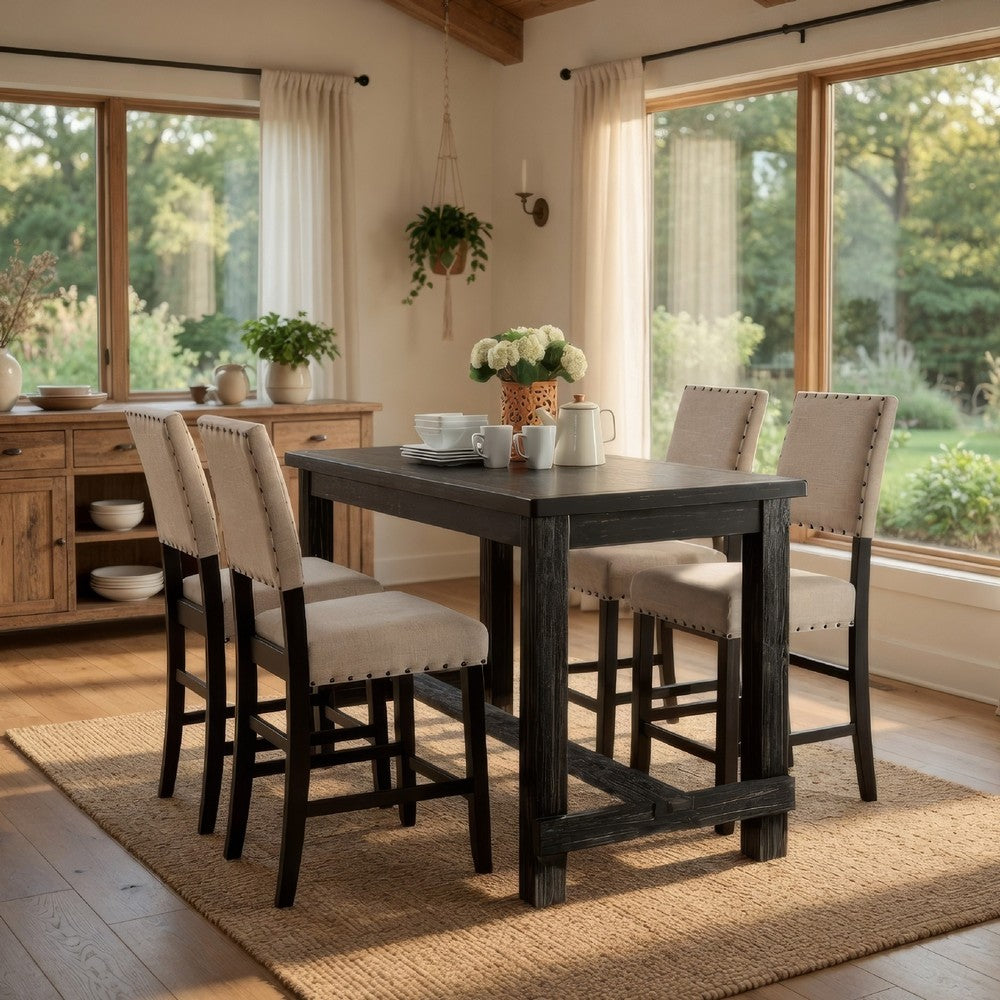 Bega 5pc Counter Height Table and Chair Set, Ivory Upholstery, Black
