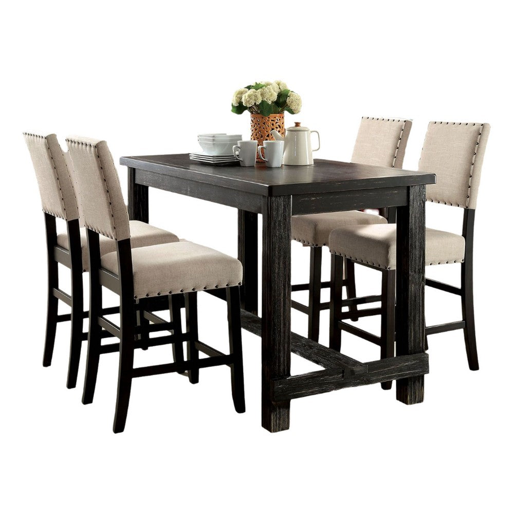 Bega 5pc Counter Height Table and Chair Set, Ivory Upholstery, Black