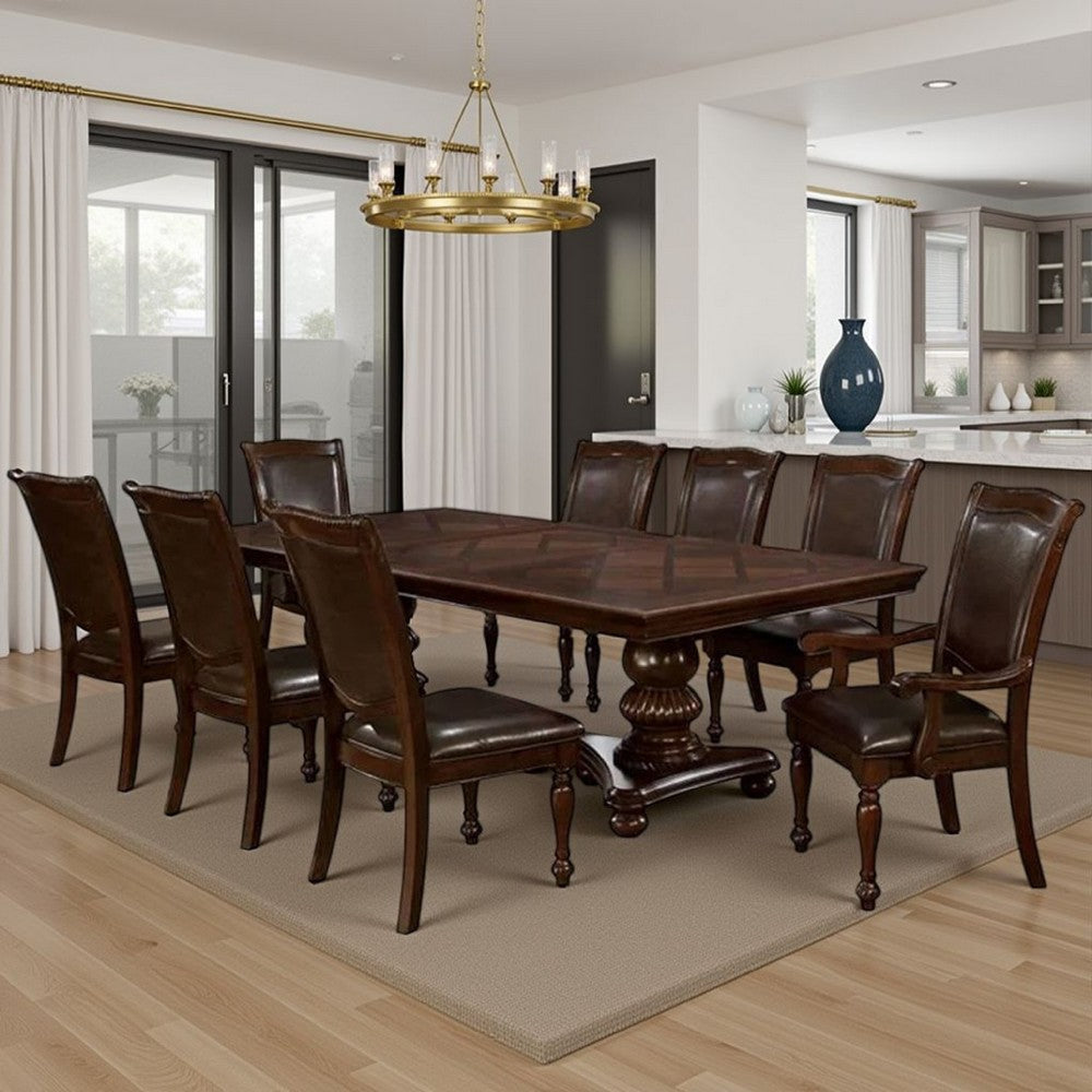 Ena 9pc Dining Table and Chair Set, Brown Faux Leather, Solid Wood