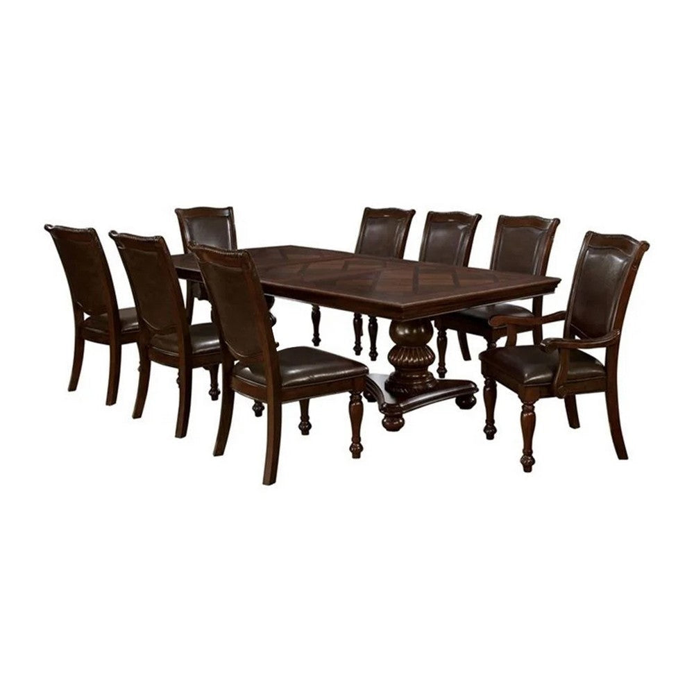Ena 9pc Dining Table and Chair Set, Brown Faux Leather, Solid Wood