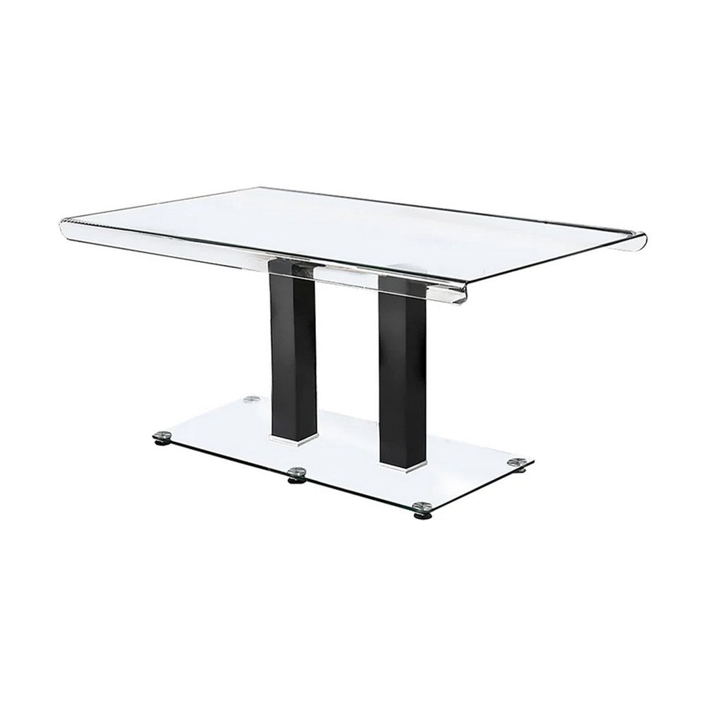 Fely 7pc Dining Table and Chair Set Glass Top Black Faux Leather BM332504