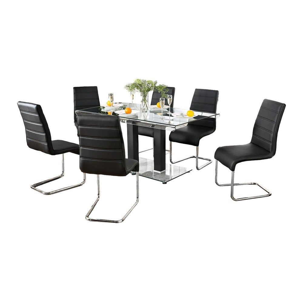 Fely 7pc Dining Table and Chair Set, Glass Top, Black Faux Leather