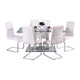 Fely 7pc Dining Table and Chair Set, Glass Top, White Faux Leather