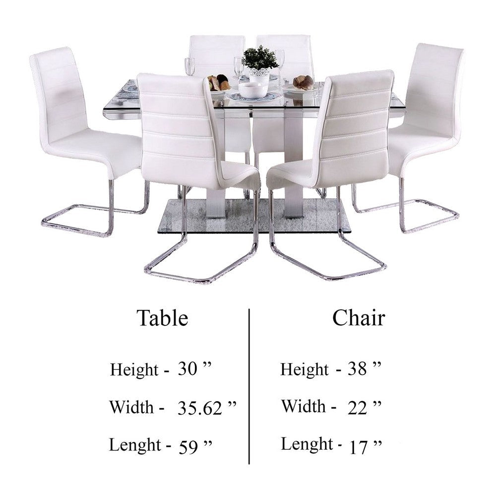 Fely 7pc Dining Table and Chair Set Glass Top White Faux Leather BM332506