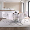 Fely 7pc Dining Table and Chair Set, Glass Top, White Faux Leather