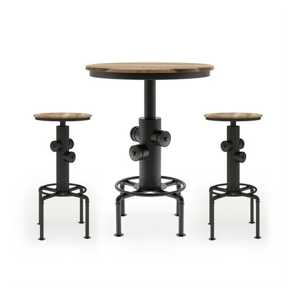 Ges 3pc Bar Table and Swivel Stool Set, 32 Inch Round Top, Black Metal