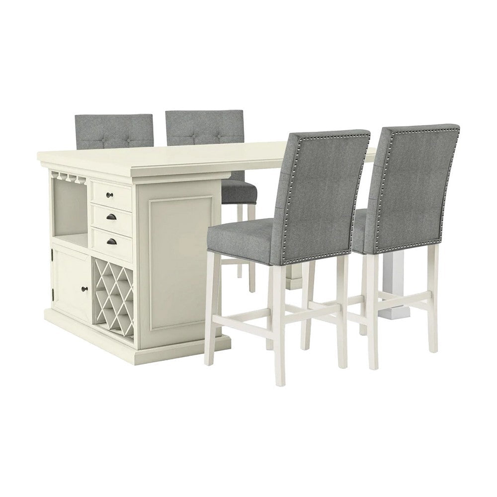 Tino 5pc Counter Height Table and Chair Set, Antique White Solid Wood