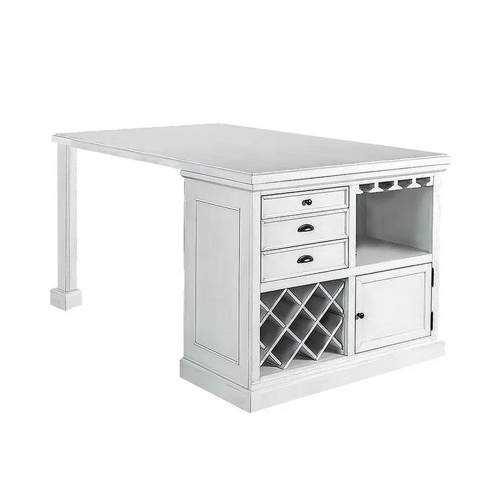 Tino Counter Height Kitchen Island Table w Bar Storage, Antique White