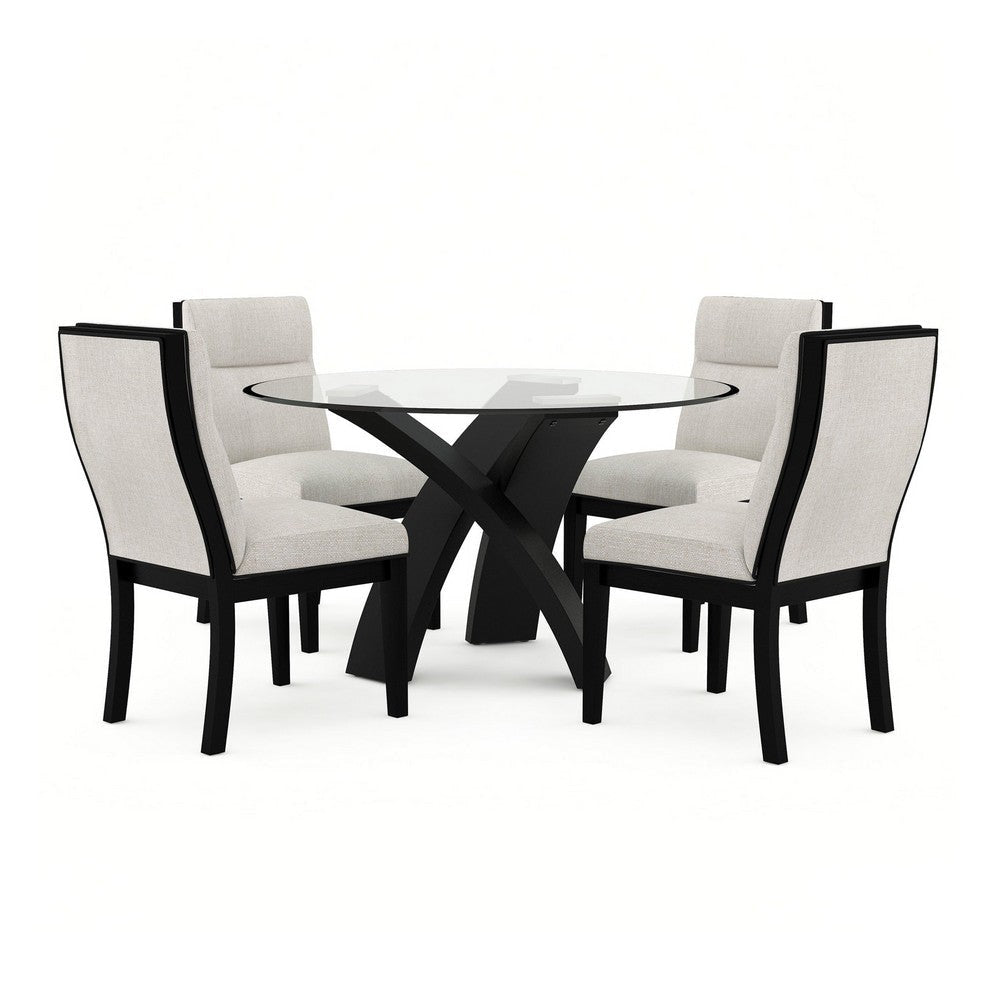 Moi 5pc Dining Table and Chair Set, 52 Inch Round Glass, White Black