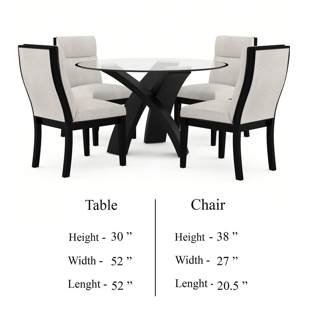 Moi 5pc Dining Table and Chair Set 52 Inch Round Glass White Black BM332512