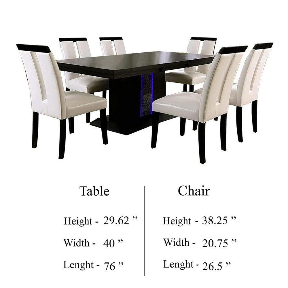 Pyn 7pc Dining Table and Chair Set, Black Wood, Beige Faux Leather