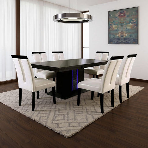 Pyn 7pc Dining Table and Chair Set, Black Wood, Beige Faux Leather