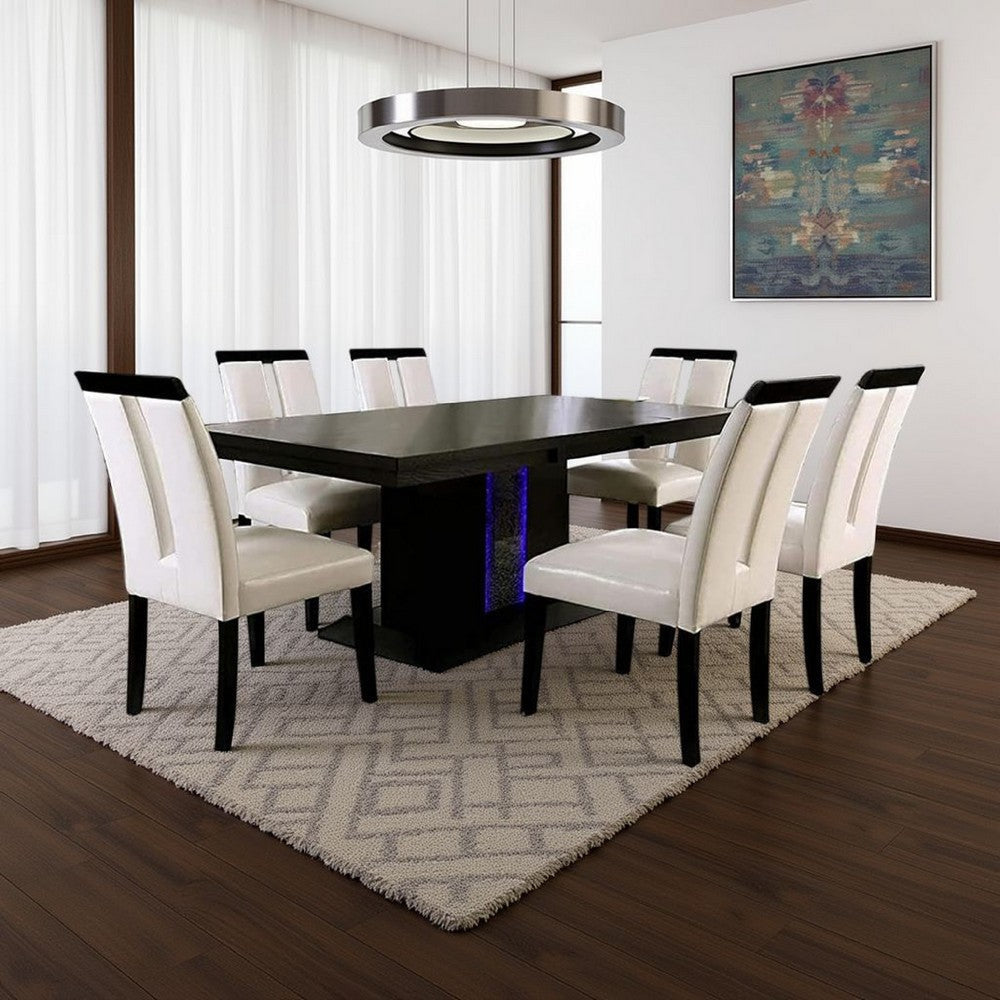 Pyn 7pc Dining Table and Chair Set, Black Wood, Beige Faux Leather