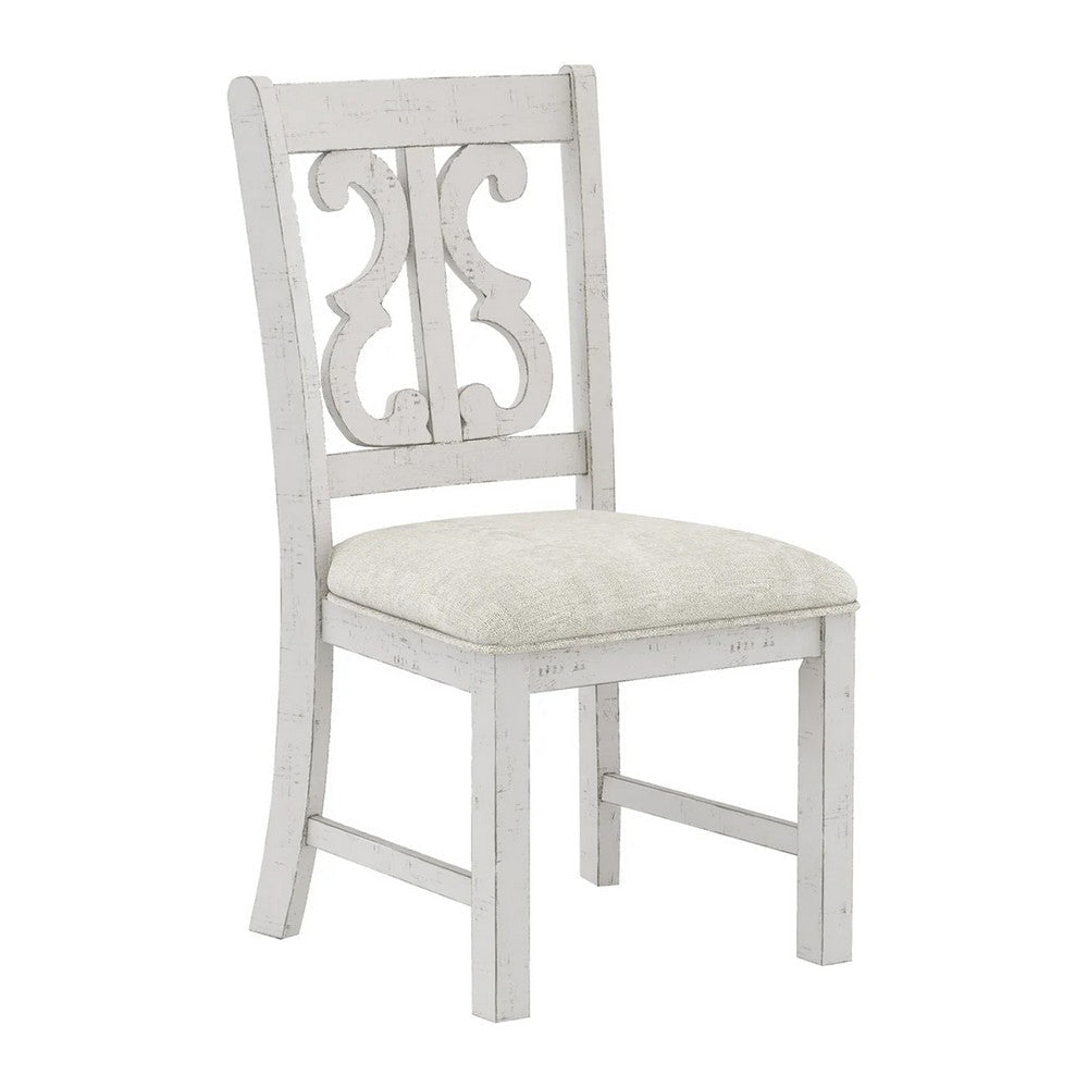 Eya 5pc Dining Table and Chair Set Distressed White Wood Gray Fabric