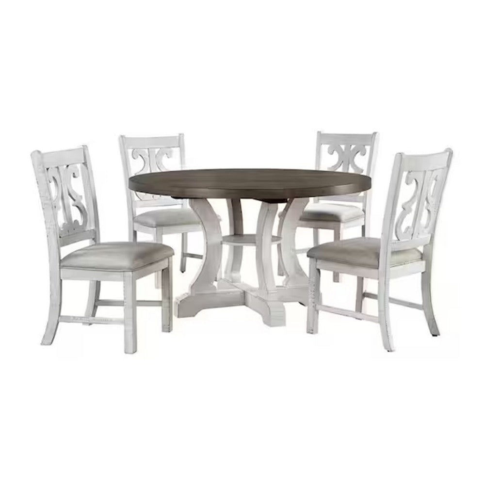 Eya 5pc Dining Table and Chair Set, Distressed White Wood, Gray Fabric