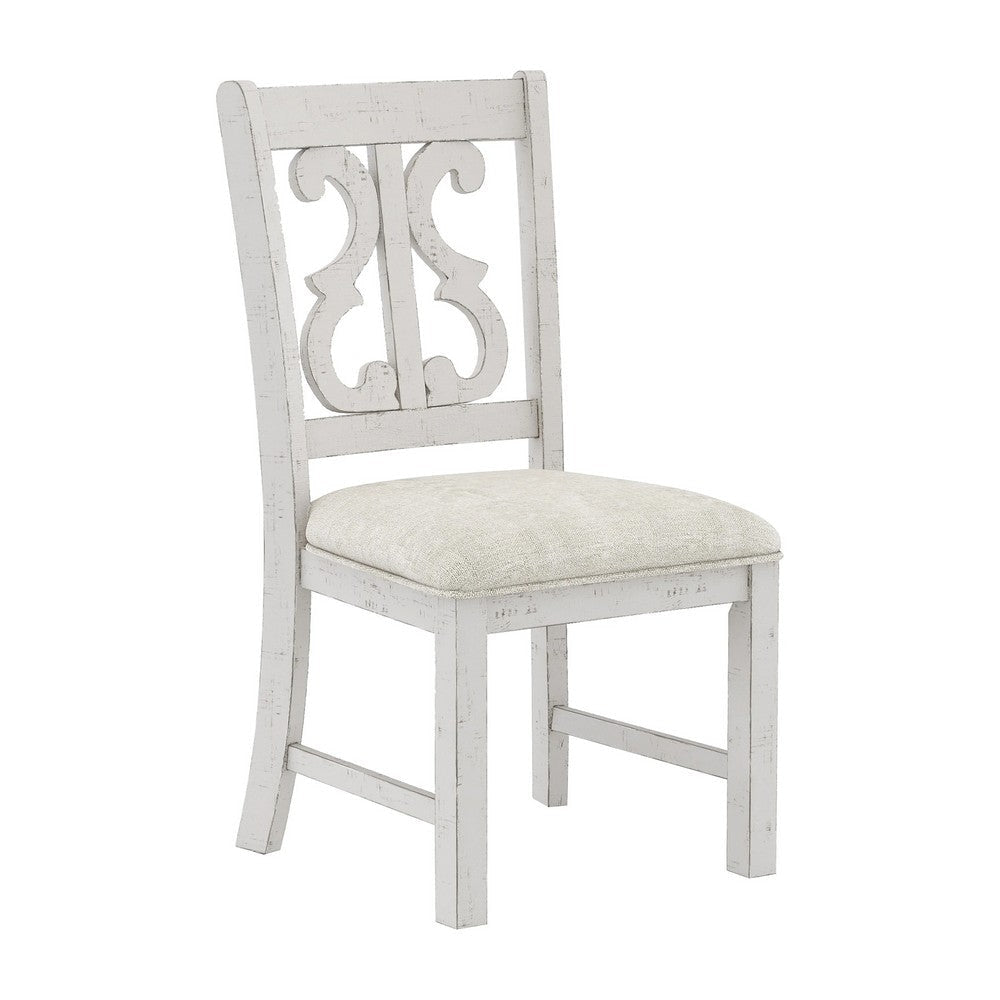 Eya 7pc Dining Table and Chair Set Distressed White Wood Gray Fabric