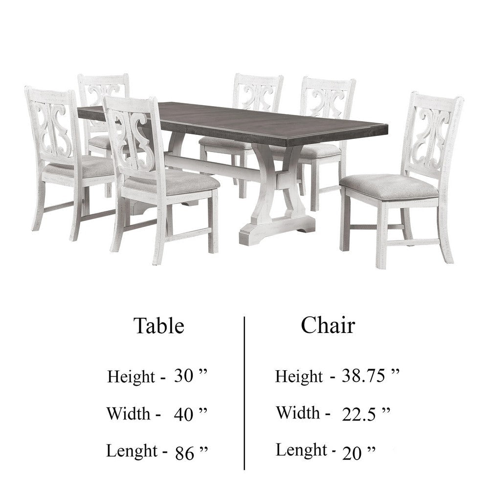 Eya 7pc Dining Table and Chair Set Distressed White Wood Gray Fabric