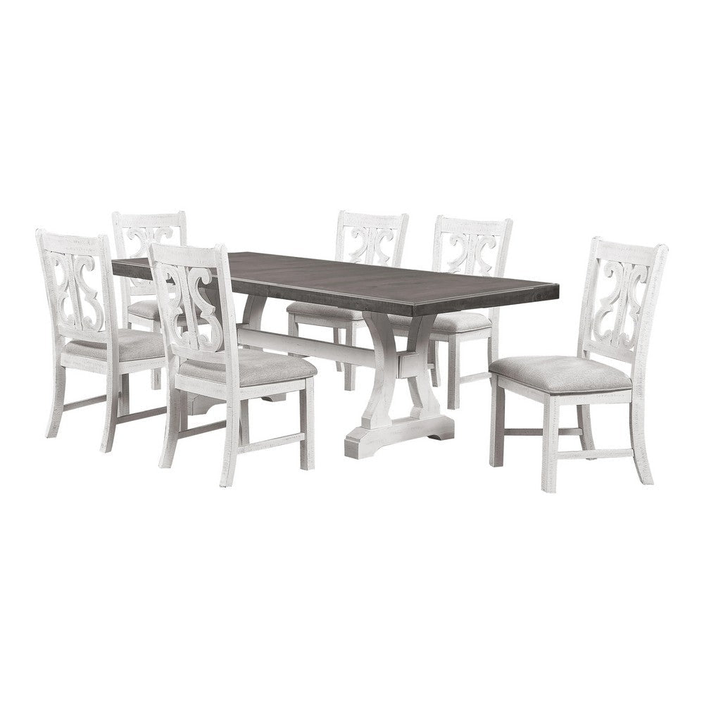 Eya 7pc Dining Table and Chair Set, Distressed White Wood, Gray Fabric