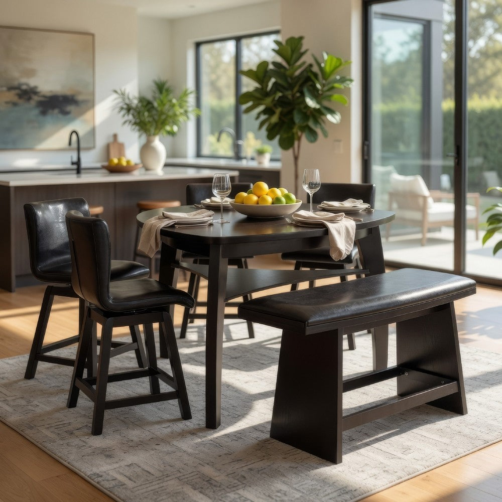 Leya 6pc Counter Height Table, Swivel Chairs, Bench Set, Black Faux Leather