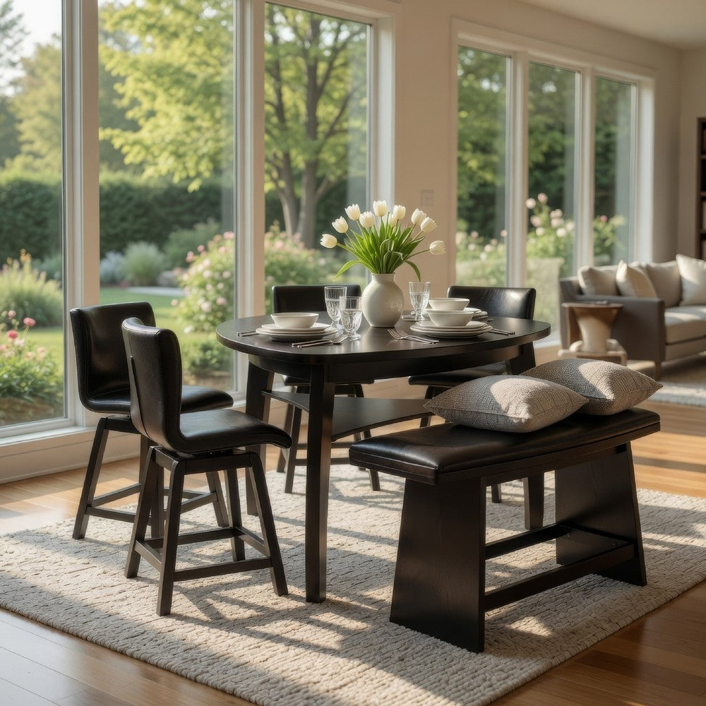 Leya 6pc Counter Height Table, Swivel Chairs, Bench Set, Black Faux Leather