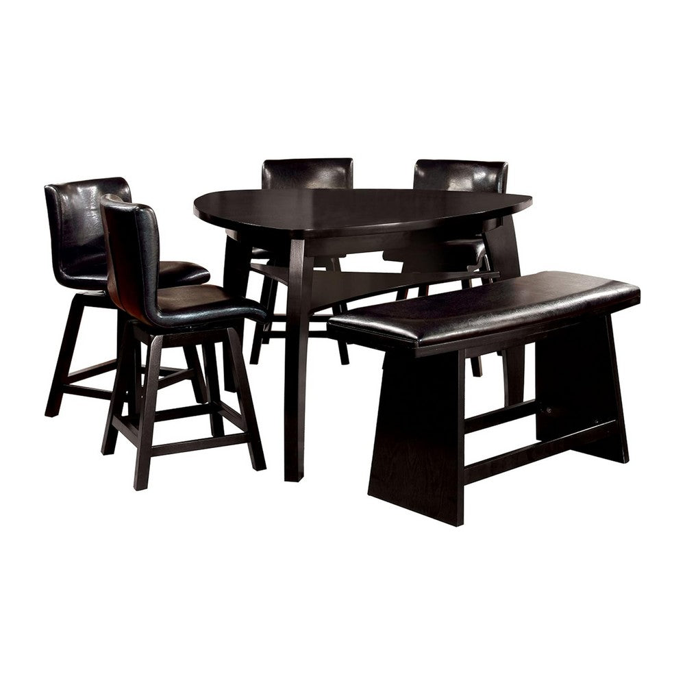 Leya 6pc Counter Height Table, Swivel Chairs, Bench Set, Black Faux Leather