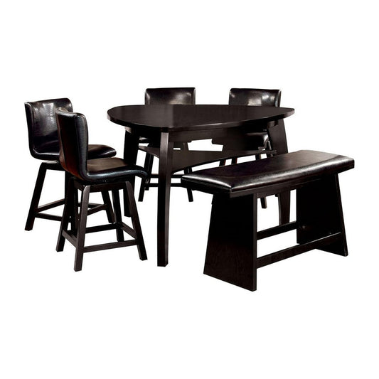 Leya 7pc Counter Table and Chair Set, Black Faux Leather, Solid Wood