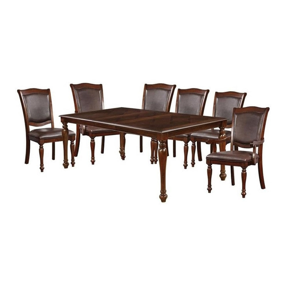 Veni 7pc Dining Table and Chair Set, Cherry Brown Wood, Faux Leather
